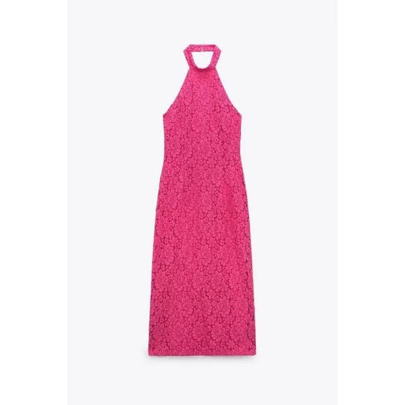 Zara Lace Halter Dress Womens Medium Pink Fuchsia Midi‎ Floral Open Back Pencil - Picture 16 of 16
